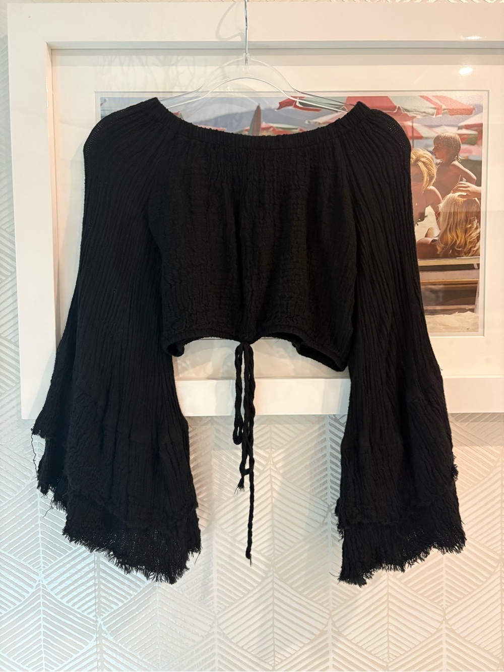 Zoya Black Off-Shoulder Crop Top with Bell Sleeves and Front Tie